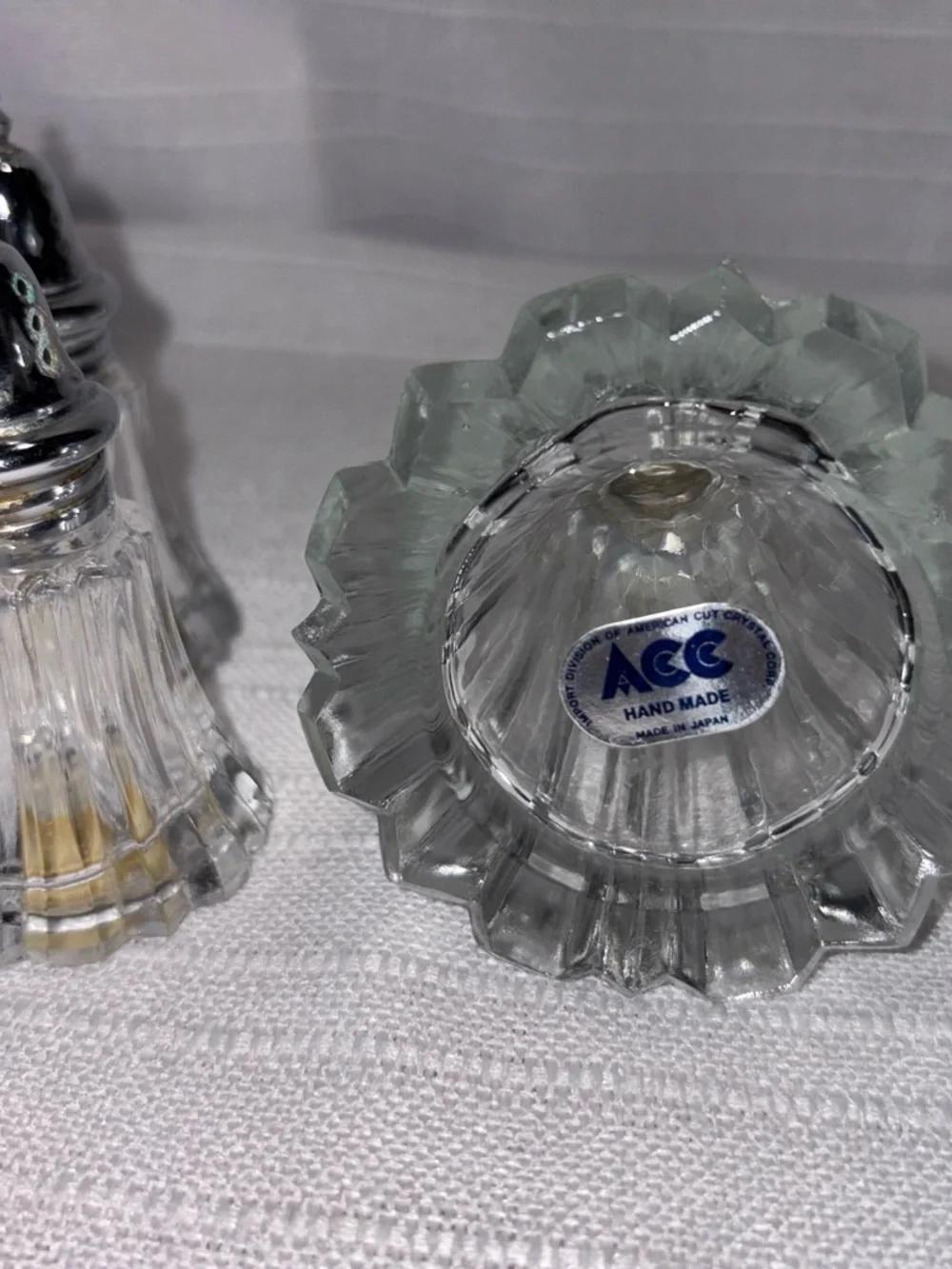 American Cut Crystal ACC Salt Pepper Shakers Sugar Caster Set Clear Glass 3 Pc